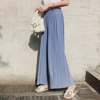 

High Waist Pleated Chiffon Wide-leg Pants Women Elastic Waist Loose Hong Kong Style Student Cropped Pants Solid Female Spring