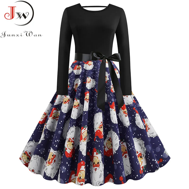 1365-010 S~ 5XL размера плюс рождественское платье Для женщин с длинными рукавами зимнее элегантное платье с бантом на спине, Винтаж рождественские вечерние платья роковой женщины - Цвет: 1365-010