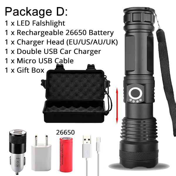 Package D Тактический XHP70.2 светодиодный фонарик самый мощный XLamp XHP50 Перезаряжаемый USB Zoom фонарь XHP70 18650 26650 охотничий фонарь для самозащиты - Испускаемый цвет: Package D