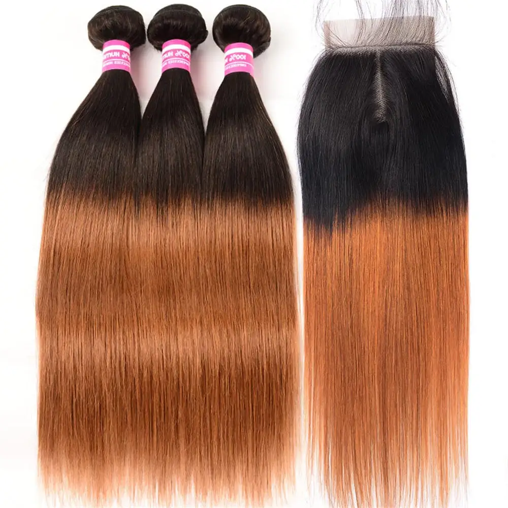 

Ombre T1B/30 Straight Hair Bundles With Closure 100% Human Hair Extension Remy Brazilian Hair Weave Bundles And 4x4 Lace Closure