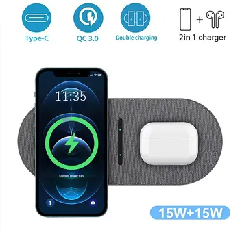 2 in 1 30W Dual Seat Qi Wireless Charger for Samsung S21 S20 Double Fast Charging Pad For IPhone 13 12 11 XS XR X 8 Airpods Pro 4