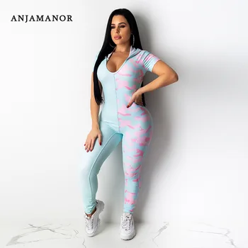 

ANJAMANOR Sexy Bodycon Jumpsuits Summer Active Wear Macaroon Color Block Open Back Overalls for Women Club Outfits D37-AF72