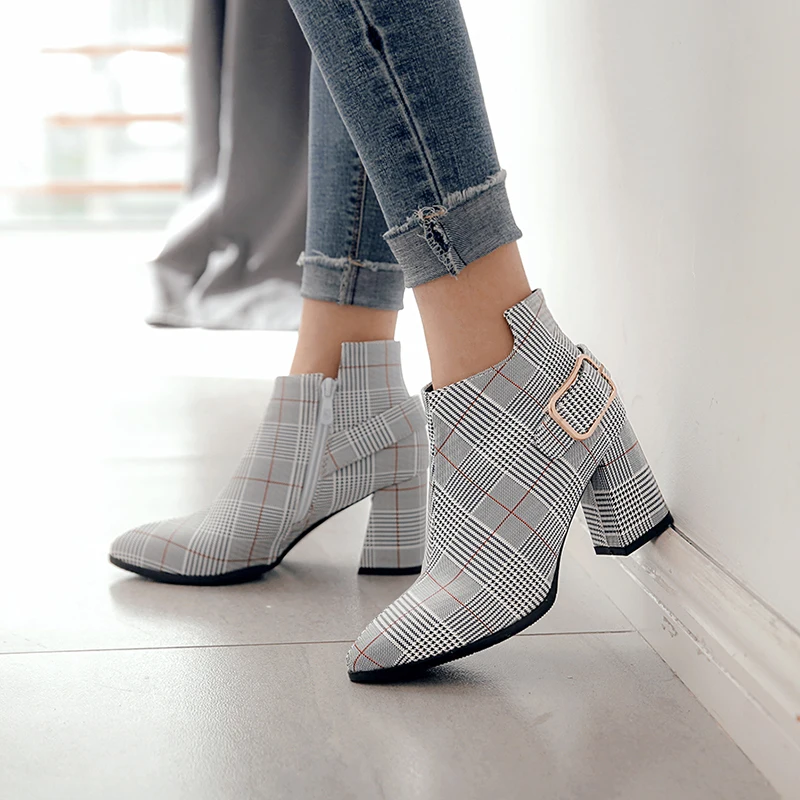 Skup Lucyever kobiety jesienne buty zimowe modny boczny zamek błyskawiczny klamra grube szpilki botki Casual Plaid Pointed Toe Botas Mujer