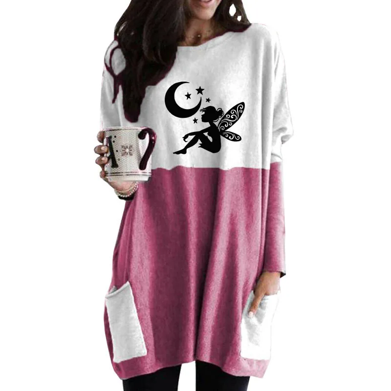 Moon Star Fairy Angel Cartoon Print Pocket Long Hoodies For Female Femmes Lover Gift Women Plus size Sleeve Sweatshirts | Женская одежда