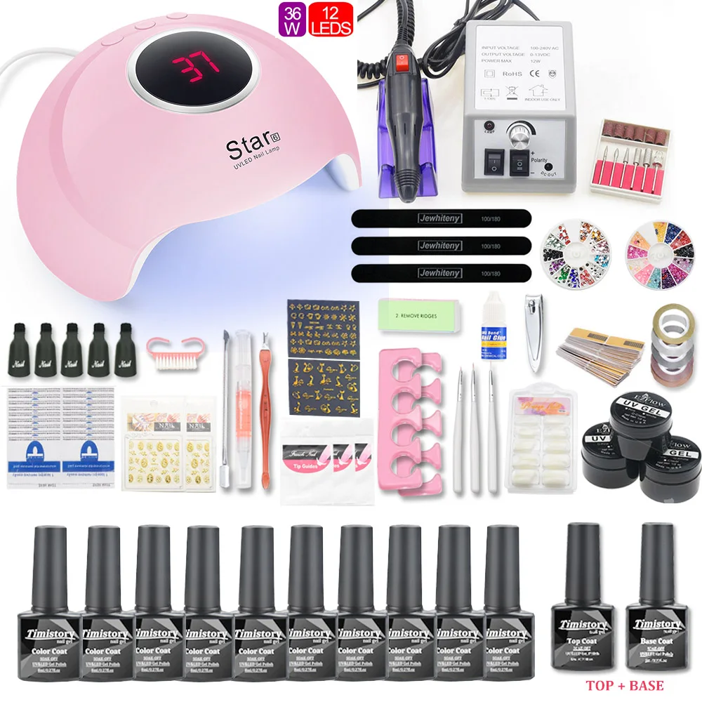 36W STAR6 SET 10pcs Комплект гель-лака 120 Вт УФ лампа Сушилка для ногтей для маникюра гель электрическая дрель для ногтей Маникюрный станок резак инструменты - Цвет: 36W STAR6 SET 10pcs