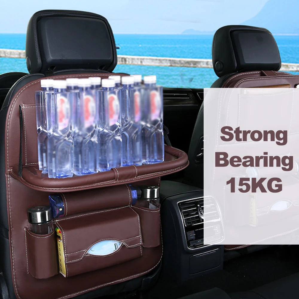

New PU Leather Car Seat Back Bag Folding Table Organizer Pad Drink Chair Storage Pocket Box Automobile Accessories