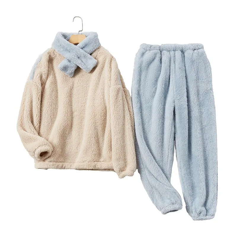 

2 Pcs Women Pajama Set Velvet Sleepwear Solid Round Neck Long Sleeve Trousers Lingerie Comfortable Warm Homewear Pyjamas Winter