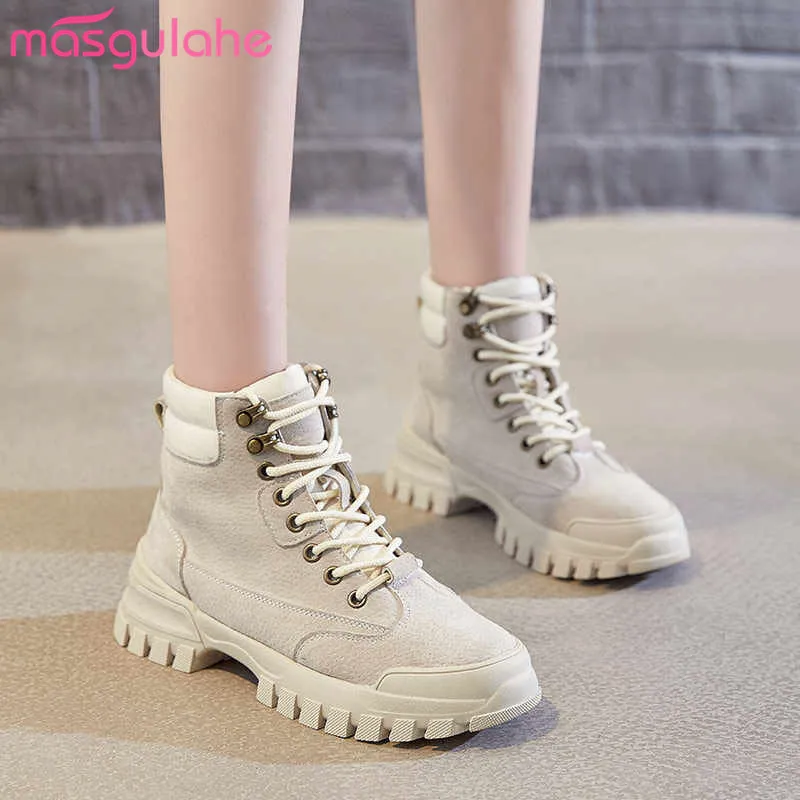 Masgulahe 2020 New suede leather patchwork ankle boots women's shoes lace up casual combat ladies | Обувь
