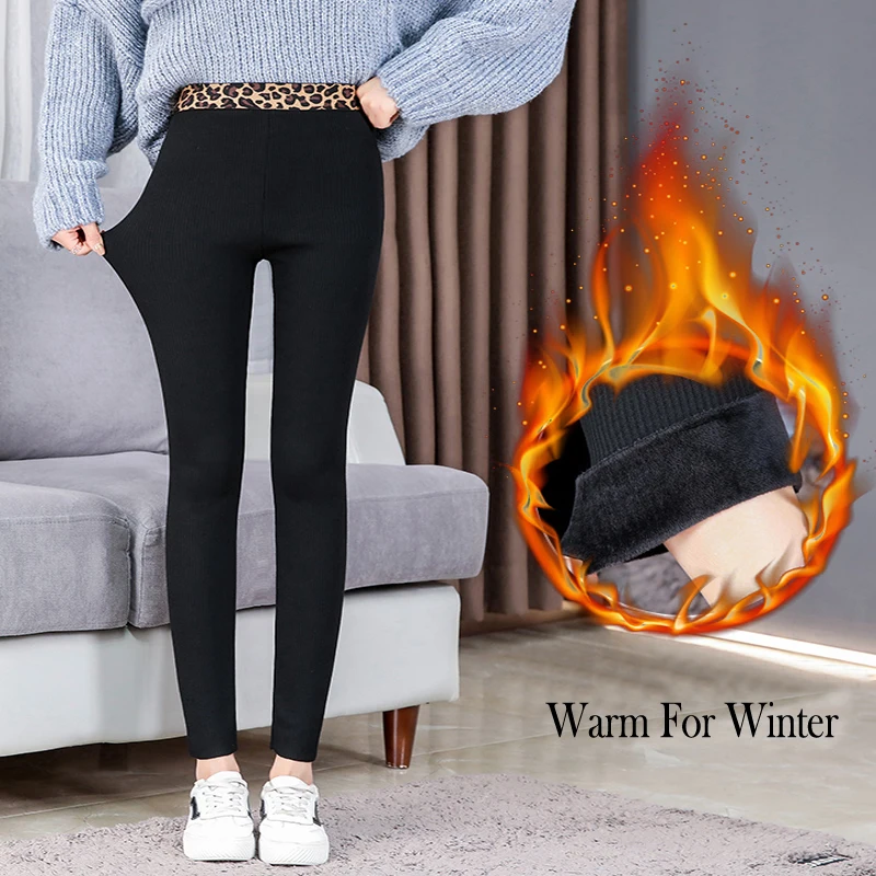 Новые модные женские теплые обтягивающие штаны осень зима Высокая эластичность леопардовая Талия Толстые Ребра бархат размера плюс женские леггинсы