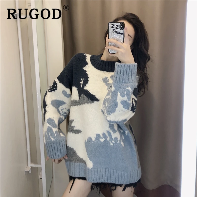 RUGOD, элегантный женский свитер с принтом, модный, круглый вырез, длинный рукав, вязанный, пуловер, женский,, Повседневный, осенний, теплый, мягкий, верхняя одежда
