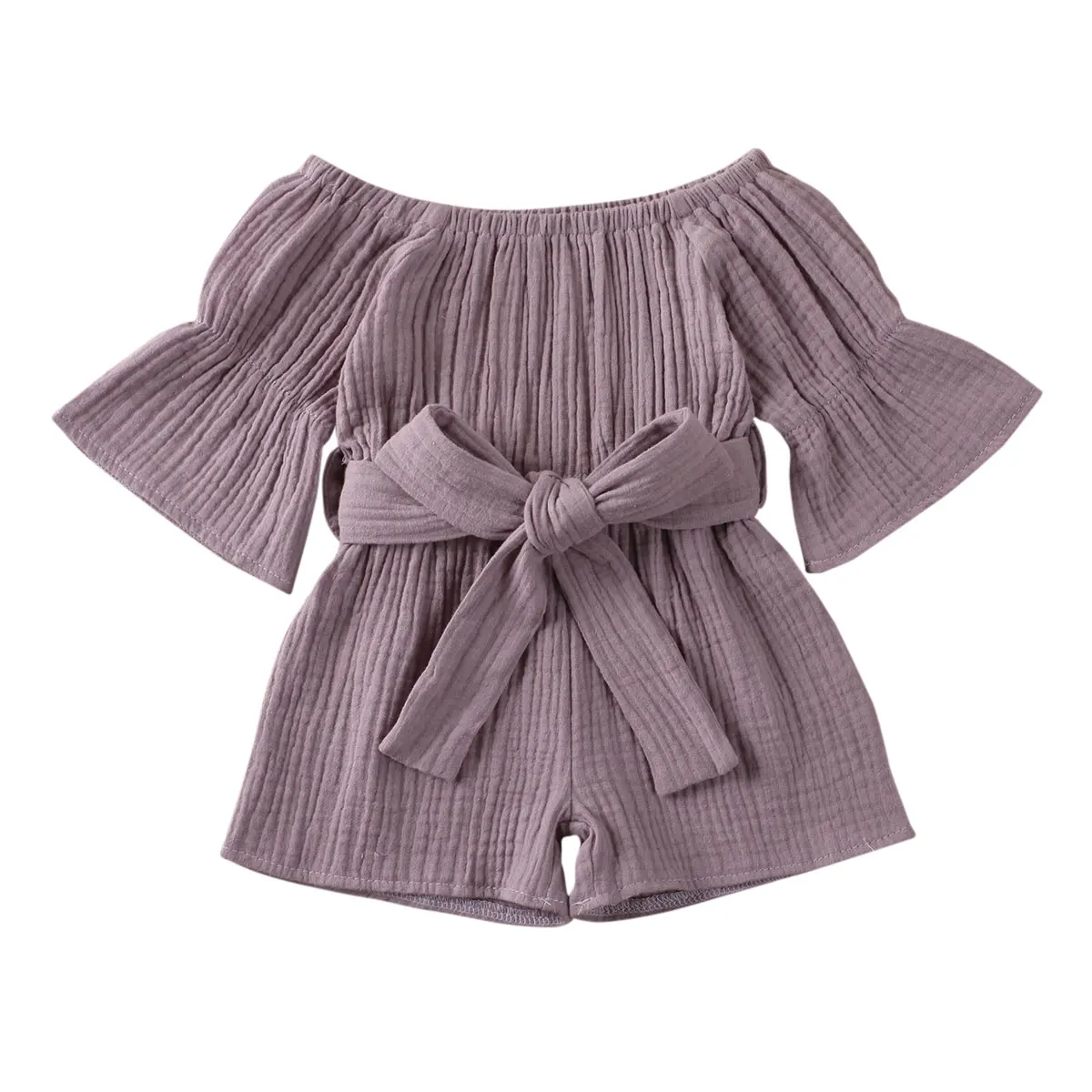 Kid Baby Girls Short Sleeve Off Shoulder Romper Jumpsuit Solid Bow Playsuit Clothing