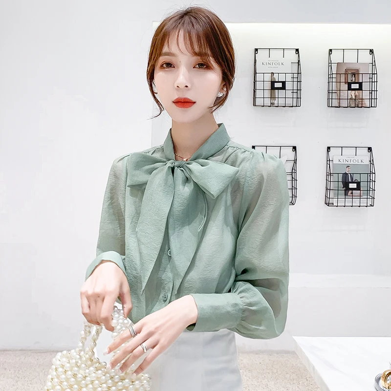 

2019 Autumn New Arrival High Quality Solid Color Bowknot Long Sleeve Woman Chiffon Blouse Green