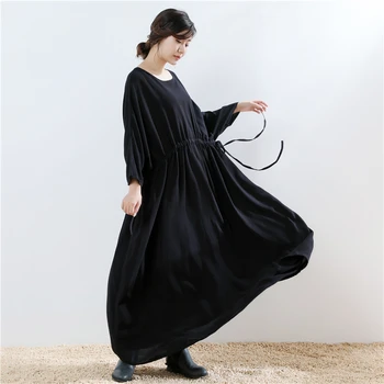 

Z-zoux Women Dress Drawstring Long Sleeve Loose Casual Dresses Batwing Sleeve Black Plus Size Cotton Long Dresses Women 2020 New