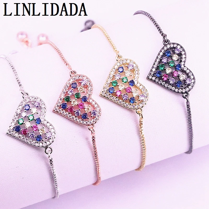 10 шт. Мульти Кубический Цирконий Радуга CZ микро проложить браслет в форме сердца Регулируемый для женщин ювелирные изделия