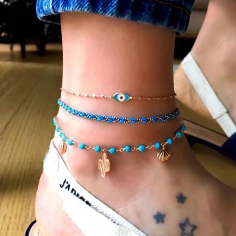 

Tocona Bohemian Blue Weave Rope Chain Shell Cactus Eye Multi Layer Beaded Anklets for Women Beach Bracelet Foot Jewelry 7076