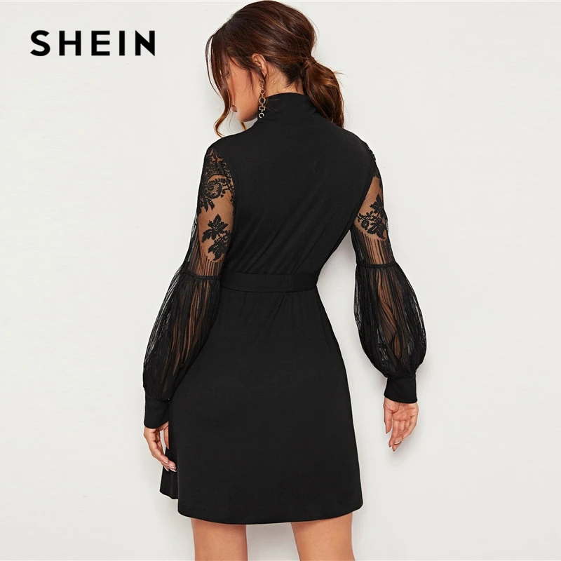 SHEIN элегантное платье с поясом, с высокой горловиной, с контрастным кружевом, с рукавом-фонариком, женские осенние модные короткие платья с высокой талией