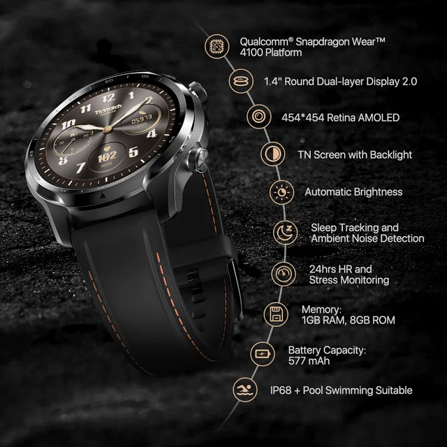 TicWatch Pro 3 GPS Wear OS Smartwatch Men's Sports Watch Dual-layer Display Snapdragon Wear 4100 8GB ROM 3~45 Days Battery Life 5