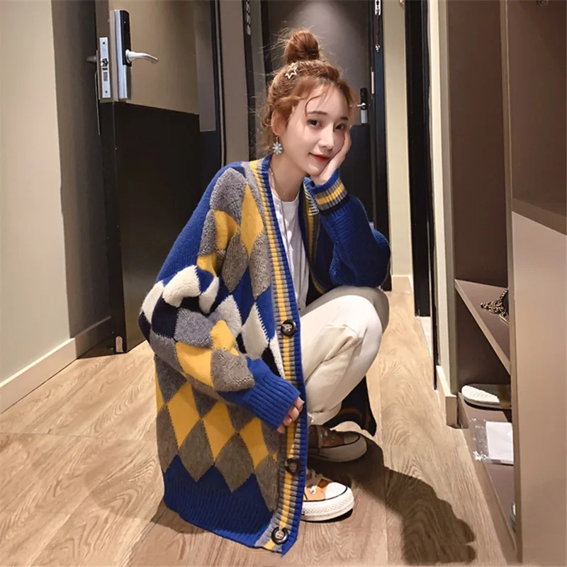 Outerwear Loose Colour Knitted Cardigan Women Autumn Winter Retro Red Warm Sweater Womens Long Sleeve Knit Sweater