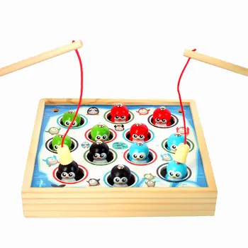 

Free shipping Children Wooden Magnetic fishing game - Happy penguins toys Early Training Fishing Challenging games Kids wood toy