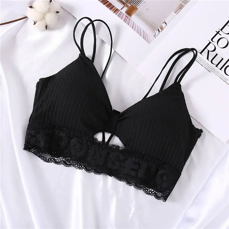 black Короткие топы в форме банта, женские топы на бретельках, сексуальные кружевные майки с буквами для женщин, хлопковое нижнее белье, Майки для девочек, жилет для женщин - Цвет: black