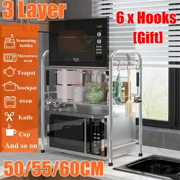 

3 Layers Thicken Stainless Steel Kitchen Rack Microwave Oven Shelf Home Desktop Organizer Rice Cooker Storage Rack with 6 Hooks
