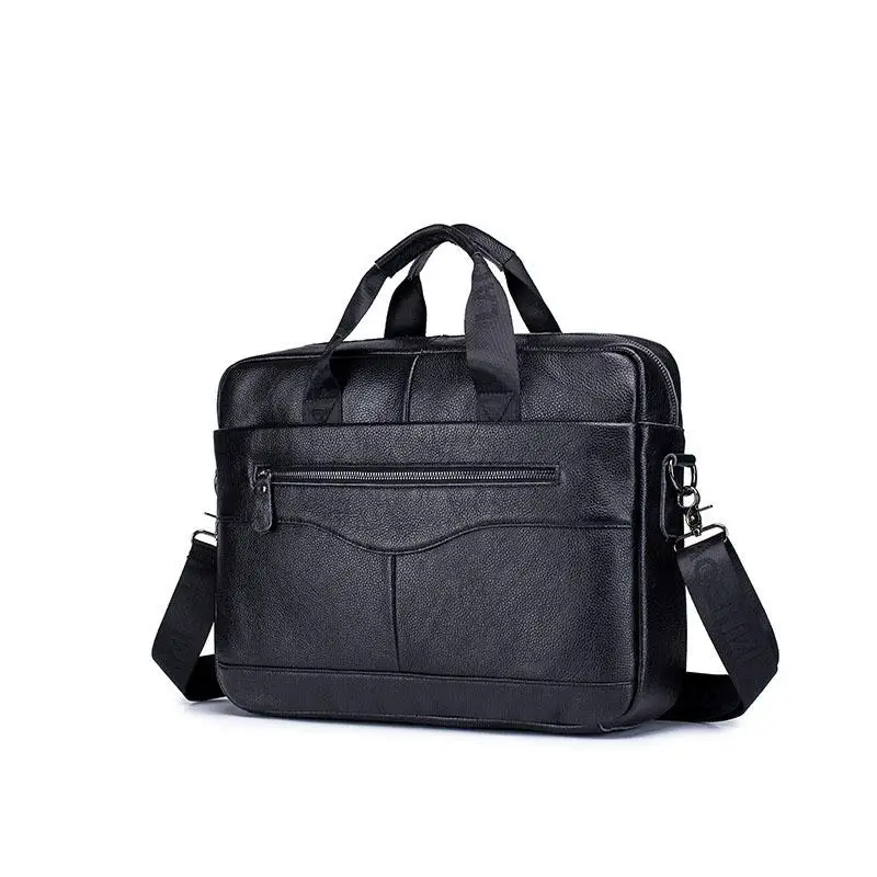 Men's Genuine Leather briefcase vintage man 14'' laptop bag Handbags Crossbody Bags office bags for men Bussiness Briefcase - Color: Black