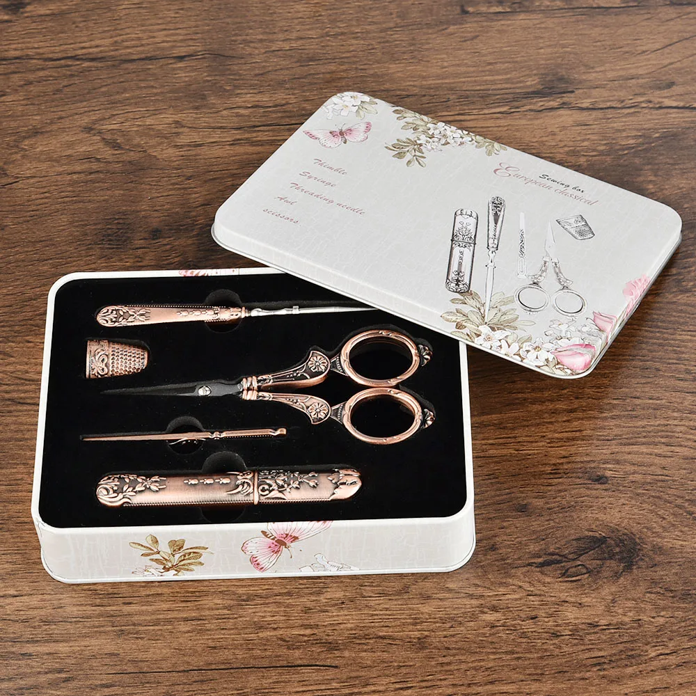 

6Pcs Stainless Steel Sewing Tool Set Vintage Scissors Needle Bottle Thimble Sewing Kits For Needlework With Storage Box