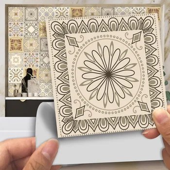 

Beige Retro Pattern Matte Surface Wall Sticker Adhesive Non-slip Tile Decor Film For Tiles /Ground in Kitchen Bathroom PVC Mural