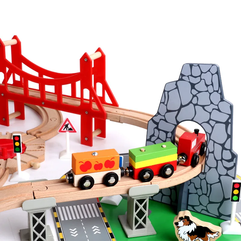 

New Products 100-Piece Solid Wood of Camera Track Traffic Scene Small Train Set Wooden DIY Building Blocks Toy