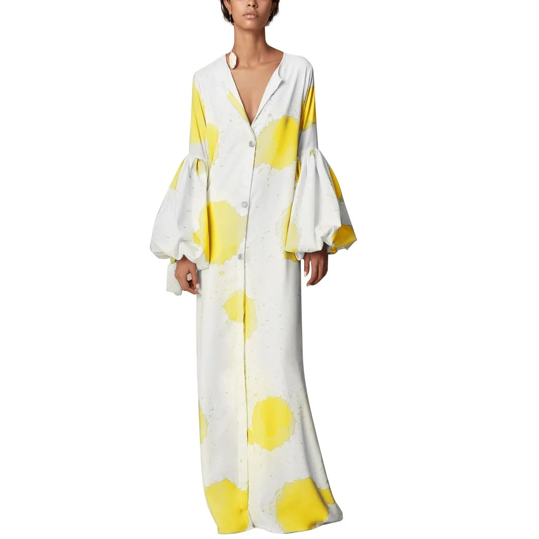 

Autumn Self Portrait Women Runway Sexy Yellow Dress Printing Long Dress