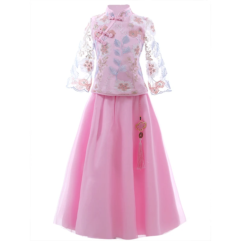 Детские топы с длинными рукавами серого, голубого и розового цвета+ юбка в китайском стиле Qipao Kid Tang Zhuang, Hanfu, вечерние платья принцессы для девочек-подростков