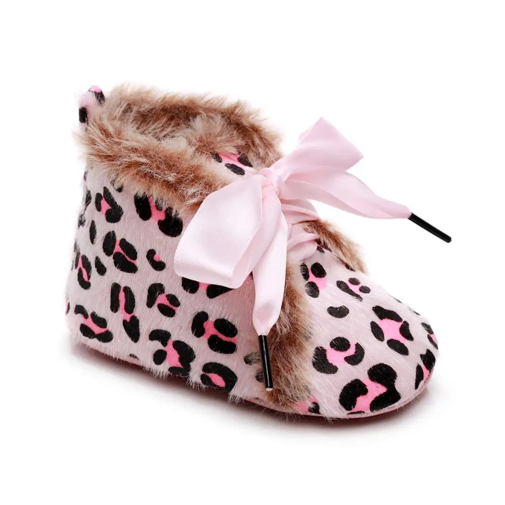pink leopard AU/зимние ботинки для маленьких девочек; обувь для новорожденных; мокасины; сезон осень-зима; искусственная кожа; теплая мягкая подошва; Плюшевые ботинки для новорожденных; рождественские подарки - Цвет: pink leopard