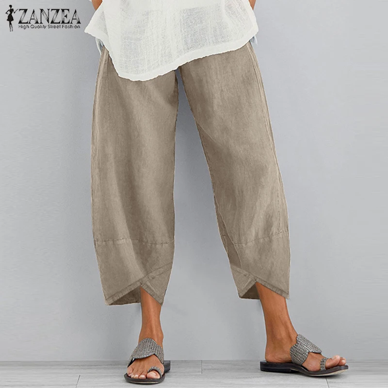 Винтажные льняные женские осенние брюки ZANZEA повседневные Асимметричные Панталоны с эластичной талией женские укороченные брюки больших размеров
