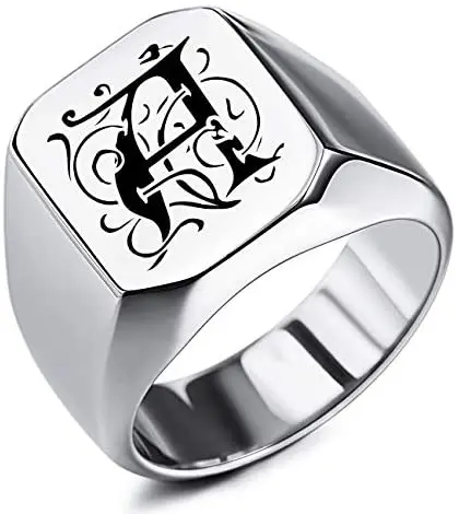 VIBOOS Custom Engraved Initial Monogram Signet Ring For Men Women Boys Mens  Rings Stainless Steel, Bundle with Ring Size Adjusters (Silver  Color)