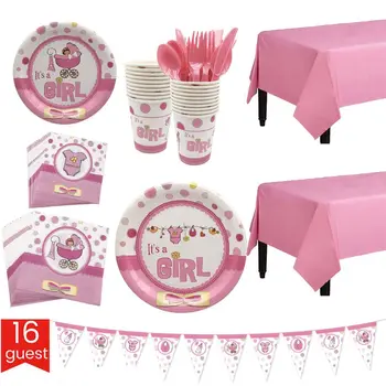 

127 127 Piece Baby Boy Shower Party Supplies Set ，Serves 16，Including Plates, Cups, Table Napkins, Tablecloth and Banner, Forks