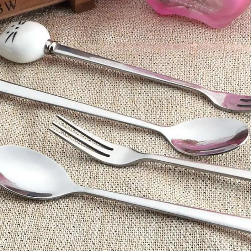 Stainless Steel Spoon Fork 1pc Cartoon Cat Spoon Fork Long Coffee Stirring Spoon Fruit Fork Stainless Steel With Ceramic Cat Handle stainless steel spoon stainless steel fork tea spoon