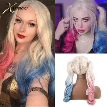 

XUMOO Harley Quinn Synthetic Cosplay Wig Full Machine Made Wig Doudle Ponytails Heat Resistant Synthetic Hair Wigs For Women