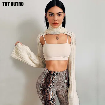 

Spring Autumn Mini short turtleneck sweater Knitted Long Sleeve Crop Tops Beige Color Swimsuit Cover