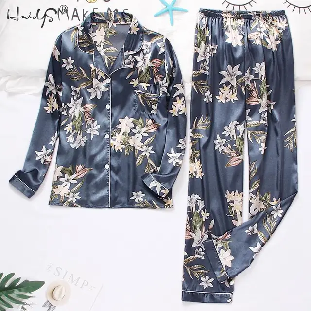 Women's Suit Silk Satin Pajamas Set Long Sleeve Trouser Suits Button-Down Sleepwear Loungewear Shorts Female Pyjamas Mujer 1