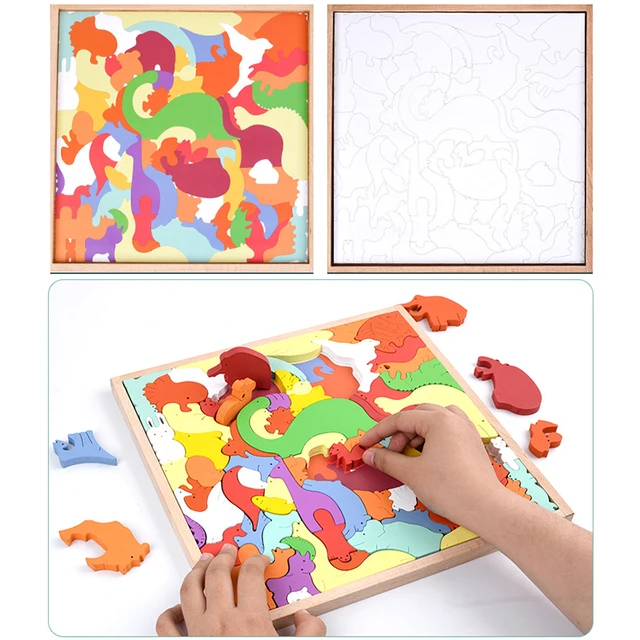 Wooden Animal Blocks 3D Jigsaw Puzzle Baby Toys Animal Shaped Pieces Wooden Puzzle Montessori Educational Stacking Matching Game 6