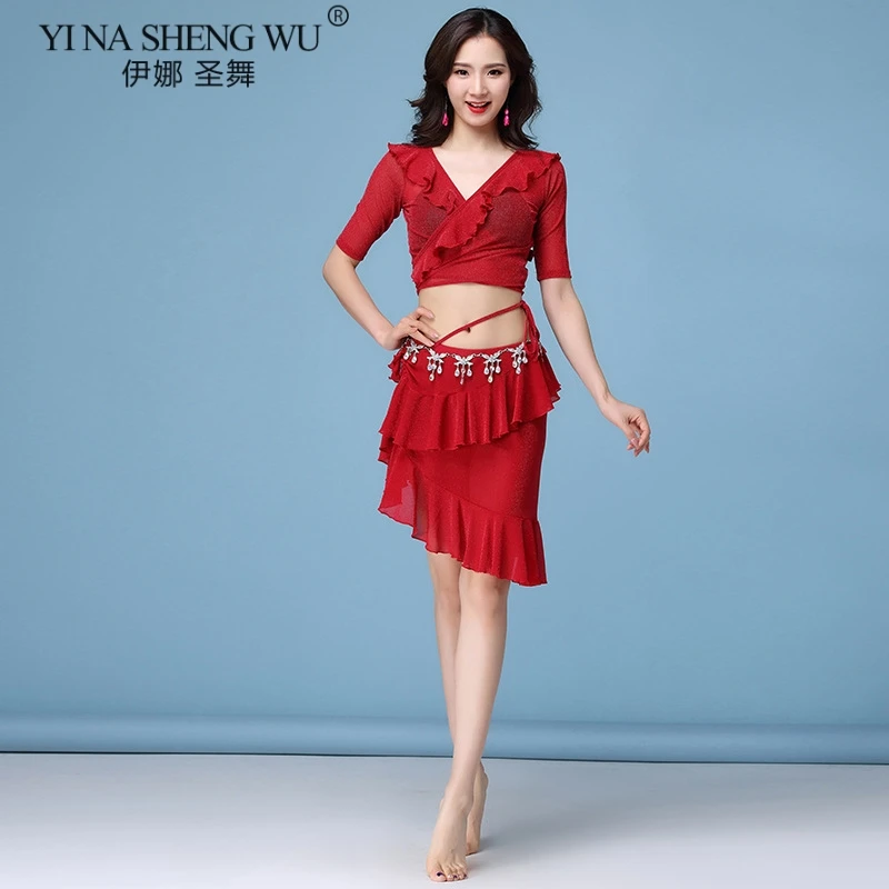 1175 Red Set Новинка, женская одежда для танца живота, сексуальный v-образный вырез, Топ или длинная юбка, Танцевальная практика, 5 цветов - Цвет: 1175 Red Set