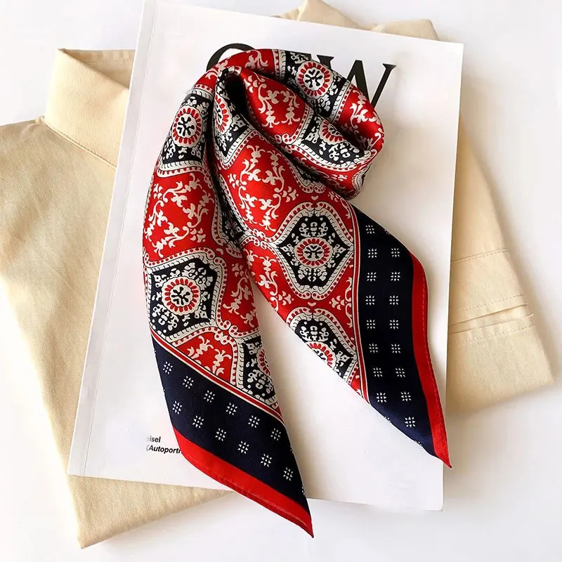 New 100% Real Silk Satin Women Scarf 2024 Flower Printed Foulard Femme Square Head Scarfs Bandana Shawl Gift For Lady Hijab 3