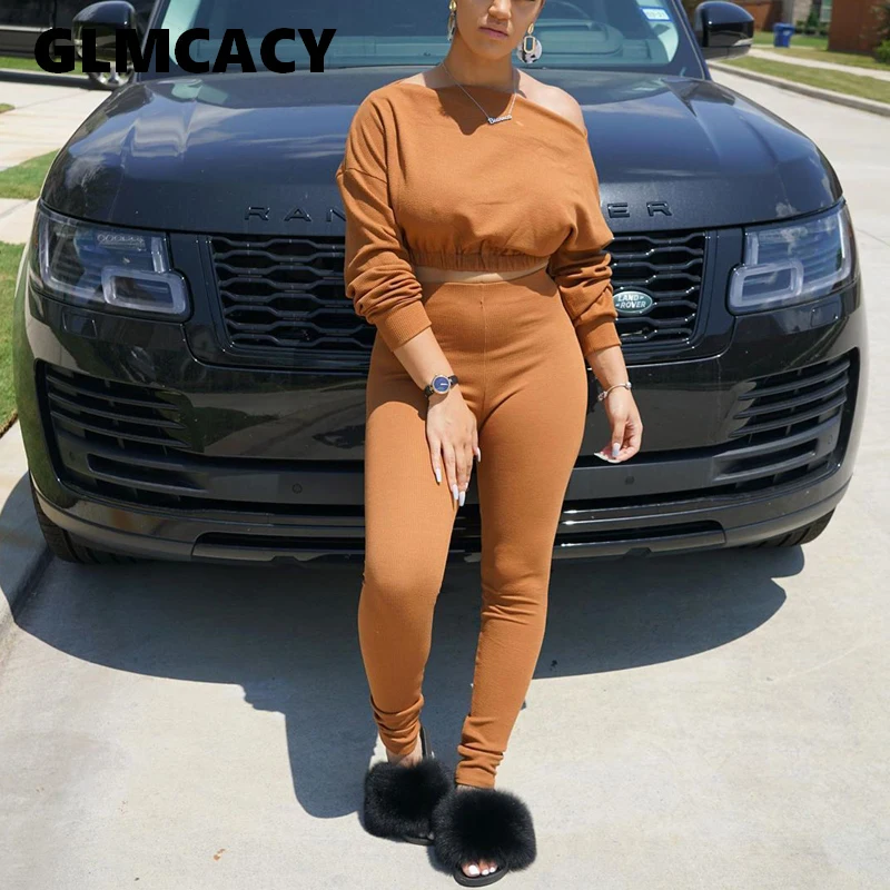 

Women Long Sleeve Crop Top and Full Pants 2 Piece Set Female Off Shoulder Two Piece Set Autumn Winter Chic Streetwear