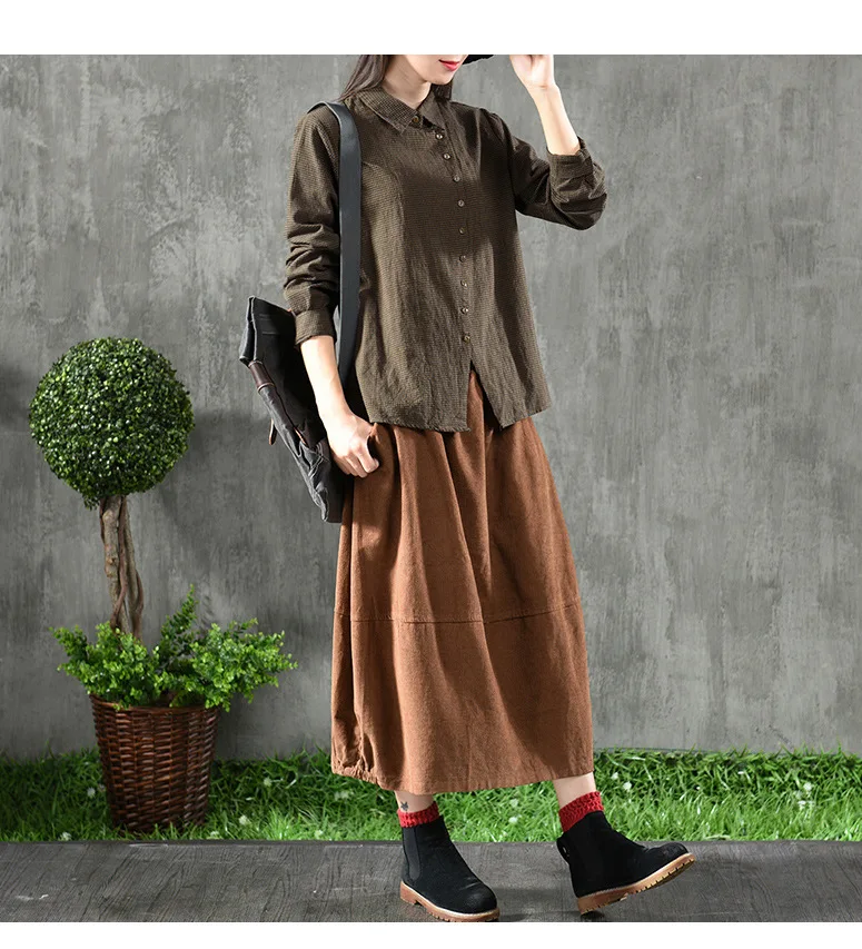 Vintage Cotton Linen Shirts Women's Blouses Plaid Cloths Spring Lapel Collar Long Sleeve Button Casual Shirts AA166S30