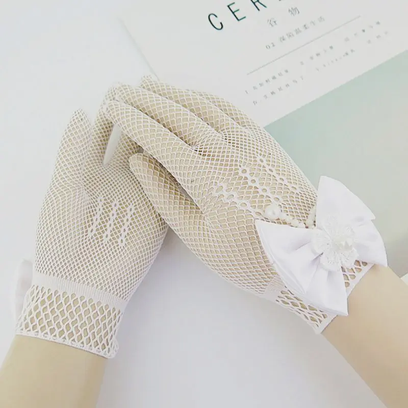 Сетчатые белые перчатки с бантом и цветочным узором для девочек; тонкие детские перчатки принцессы для девочек