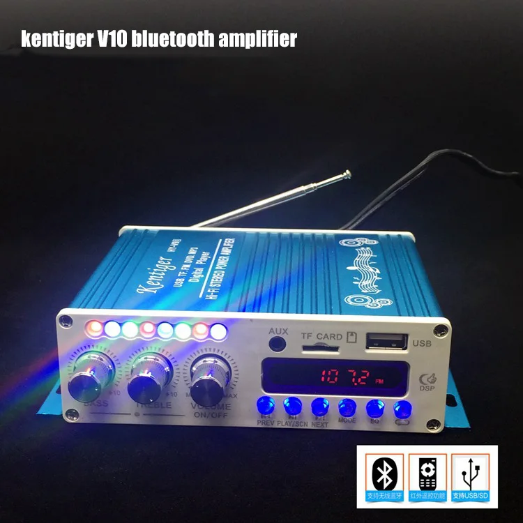 Украшенное мозаикой из драгоценных камней, 12V 5A Мощность адаптер и AV кабель KENTIGER HY-V10 дистанционного Управление Bluetooth усилитель мощности с USB TF FM играть AUX аудио усилитель - Цвет: blue without power