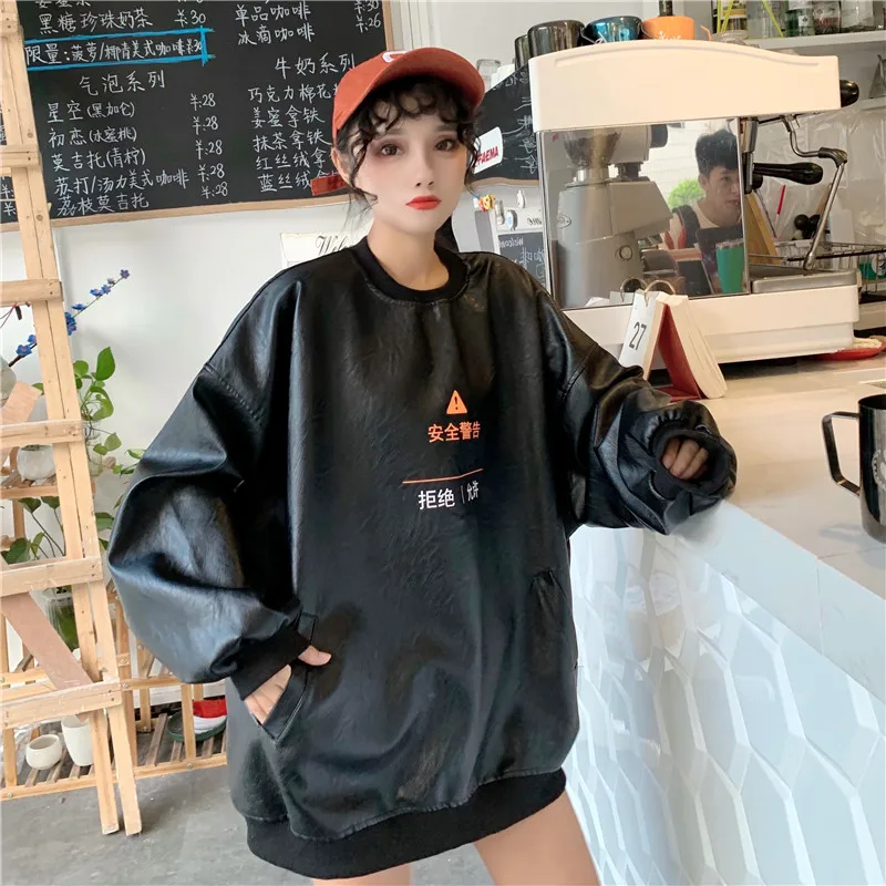 2619 Price plus 5 Autumn And Winter WOMEN'S Dress New Style Loose And Plus-sized Long Sleeve Crew Neck Leather Coat Women's Fash
