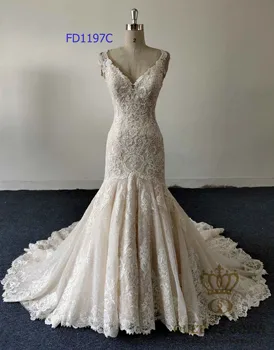 

Mermaid/trumpet champagne deep v neck luxury top quality lace wedding bridal dresses