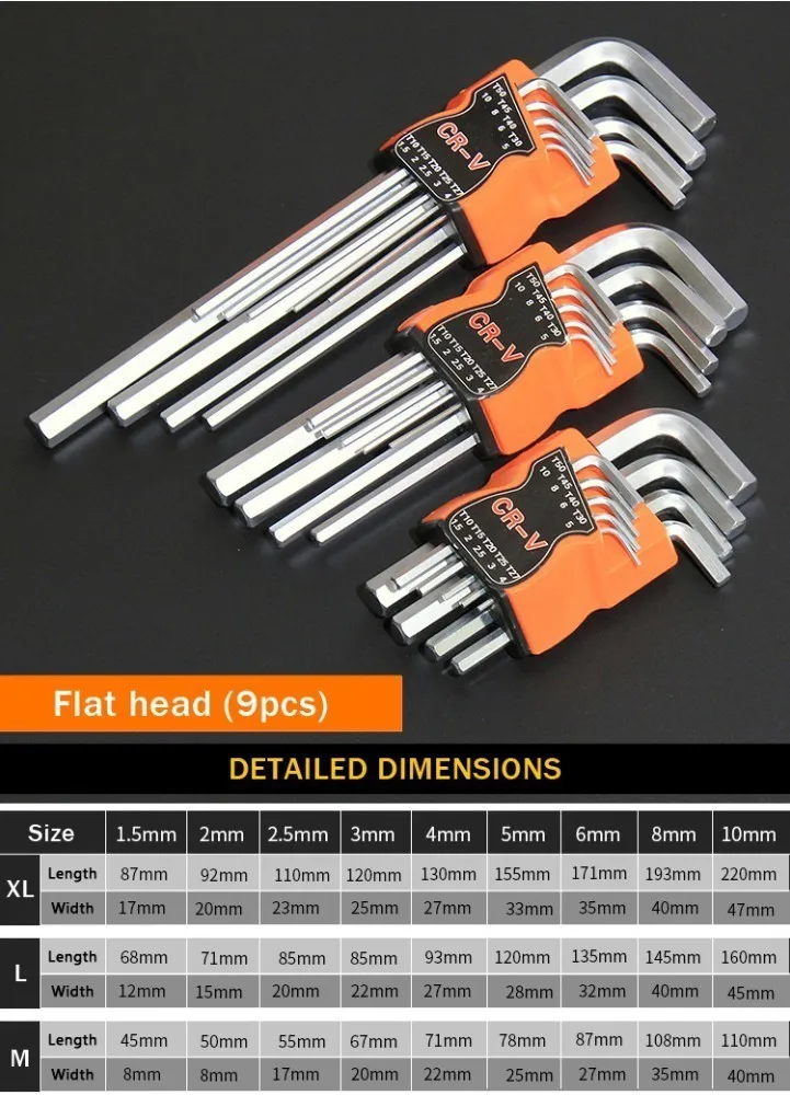 Flat Head Набор шестигранных ключей Realmote 9 шт., Набор шестигранных отверток типа L, шестигранный ключ, шестигранный плоский шар, звездообразный ключ, набор ключей, ручные инструменты - Цвет: Flat Head