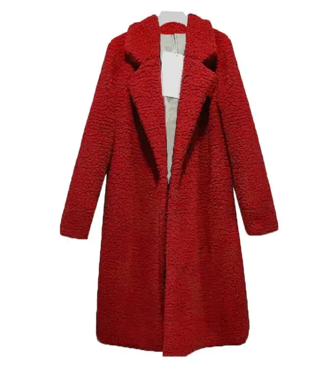 Женское плюшевое пальто, Осень-зима, Тренч из овечьей шерсти, длинный рукав, винтажный стиль, размера плюс, утолщенная теплая верхняя одежда, длинная куртка из искусственного меха - Цвет: red